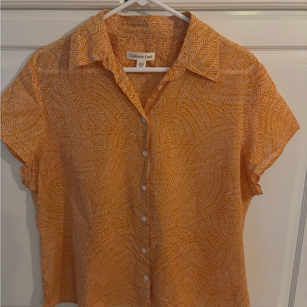 Coldwater Creek orange Button‎ up lightweight cotton blouse. Size petite XL.